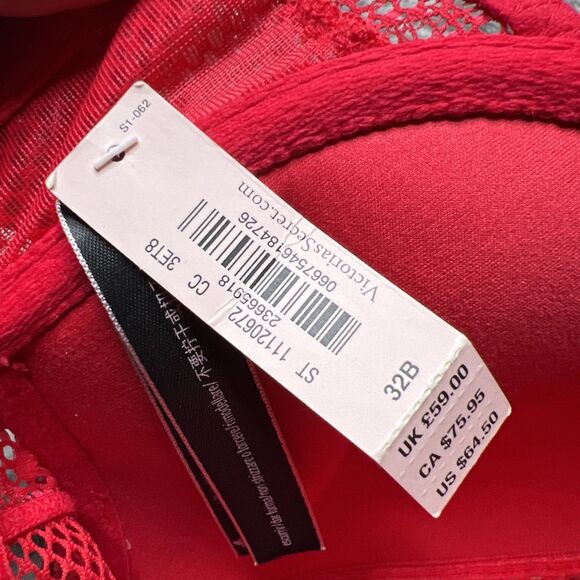 Victoria's Secret NWT 32B Bombshell Plunge Bra Red Sexy Fishnet Lace Front Close - Picture 5 of 7